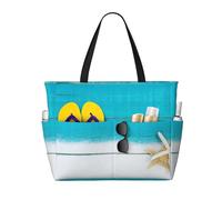 peiyeety Borsa da spiaggia grande da donna con cerniera e tasca impermeabile, con stelle marine dorate e bianche nella sabbia, leggera e pieghevole, ideale per viaggi, spesa, nuoto e sport.