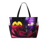 peiyeety Borsa da spiaggia grande da donna con farfalla viola e rosa rossa, con cerniera e tasca impermeabile, leggera e pieghevole, ideale per la palestra, i viaggi, la spesa, il nuoto e lo sport.