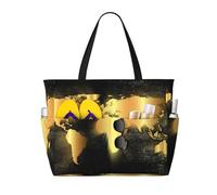 peiyeety Borsa da spiaggia grande da donna con mappa del mondo dorata su sfondo nero, con cerniera e tasca impermeabile, borsa da palestra leggera e pieghevole per viaggi, spesa, nuoto, sport