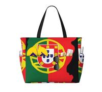 peiyeety Borsa da spiaggia grande da donna con mappa del Portogallo e bandiera, con cerniera e tasca impermeabile, leggera e pieghevole, ideale per viaggi, spesa, nuoto e sport.