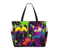 peiyeety Borsa da spiaggia grande da donna con schizzi neon fosforescenti, con cerniera e tasca impermeabile, leggera e pieghevole, ideale per viaggi, spesa, nuoto e sport.