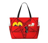 peiyeety Borsa da spiaggia grande da donna con simbolo satanico di Bafometto e capra, con cerniera e tasca impermeabile, leggera e pieghevole, ideale per viaggi, spesa, nuoto e sport.