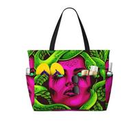 peiyeety Borsa da spiaggia grande da donna con stampa della dea greca Medusa, regina dei verdi, con cerniera e tasca impermeabile, leggera e pieghevole, ideale per viaggi, spesa, nuoto e sport.