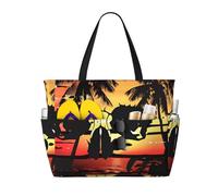 peiyeety Borsa da spiaggia grande da donna con teschio e palma al tramonto, con cerniera e tasca impermeabile, borsa da palestra leggera e pieghevole per viaggi, spesa, nuoto, sport