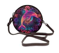 peiyeety Borse a tracolla rotonde da donna con delfino al neon e motivi floreali mandala, borse a tracolla in pelle