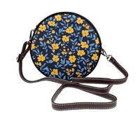 peiyeety Borse a tracolla rotonde da donna con piccoli fiori gialli e foglie blu, borsetta in pelle.