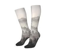 peiyeety Calzini divertenti con motivo Misty Fog Pine Tree, morbidi e traspiranti, per uomo e donna, 1 nero