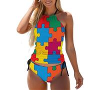 peiyeety Consapevolezza dell'autismo Puzzle Colorati Set Tankini da Donna con Controllo della Pancia Costumi da Bagno snellenti con Coulisse Regolabili Costume da Bagno Taglia Piccola