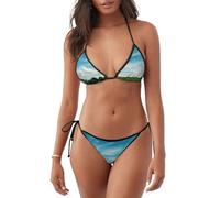 peiyeety Costume da Bagno Bikini a Triangolo con Stampa Campo di Grano, Due Pezzi, con Lacci Laterali e Top all'Americana