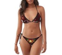 peiyeety Costume da Bagno da Donna con Stampa a Campana Dorata e Palla di Natale, Due Pezzi, Bikini a Triangolo con Top all'Americana e Slip con Lacci Laterali