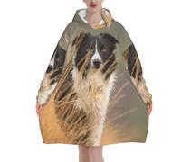 peiyeety Felpa con cappuccio oversize da donna con motivo Border Collie Lawn Pets, con bordo bianco e nero, in flanella, felpa con cappuccio