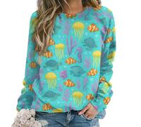peiyeety Felpa Girocollo a Maniche Lunghe da Donna con Stampa Underwater Sea Creatures, Pullover Casual Elasticizzato per la Moda Autunno Inverno e Abbigliamento Outdoor