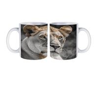 peiyeety Leonessa con occhi blu-verdi, tazza in ceramica bianca, tazza da caffè da 330 ml per casa e ufficio, per caffè, latte, tè, cacao