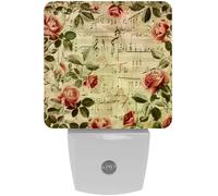 peiyeety Luce notturna a LED con motivo a note musicali e fiore di rosa rosa, sensore automatico, dal tramonto all'alba, decorativa per camera da letto, bagno, cucina, corridoio, scale, corridoio.