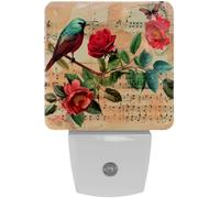 peiyeety Luce notturna a LED con note musicali vintage, uccelli e rose, sensore automatico, dal tramonto all'alba, decorativa per camera da letto, bagno, cucina, corridoio, scale, corridoio,
