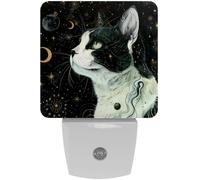 peiyeety Luce notturna a LED con sensore automatico, con stelle, luna e gatto, decorativa dal tramonto all'alba, per camera da letto, bagno, cucina, corridoio, scale, corridoio.