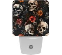 peiyeety Luce notturna a LED con teschio e fiori rossi, sensore automatico, luce decorativa dal tramonto all'alba, per camera da letto, bagno, cucina, corridoio, scale, corridoio,