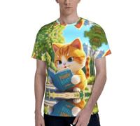 peiyeety Maglietta da Uomo - Maglietta Casual Morbida con Scollo Tondo e Maniche Corte, Nera con Stampa Divertente di Un Gatto Che Legge