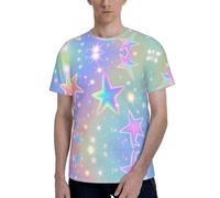 peiyeety Maglietta da Uomo - Maglietta Casual Morbida con Scollo Tondo e Maniche Corte, Nera con Stampa di Stelle Luminose Colorate