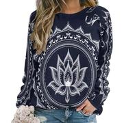 peiyeety Maglioni Girocollo da Donna Lotus, Stile retrò, Boho, Casual, con Scollo a V, Modello Raglan, Blu Scuro
