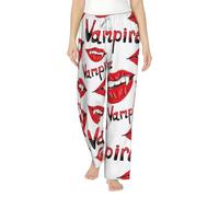 peiyeety Pantaloni da pigiama da donna con tasche, motivo vampiro con zanne, orrore, bianchi, morbidi e comodi, con coulisse