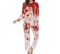 peiyeety Pigiama da Donna a Maniche Lunghe con Stampa di Schizzi di Sangue di Halloween, Set da Pigiama Morbido da Salotto con Tasche