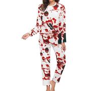 peiyeety Pigiama da Donna a Maniche Lunghe con Stampa di Schizzi di Sangue di Halloween, Set da Pigiama Morbido da Salotto con Tasche