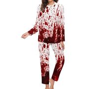 peiyeety Pigiama da Donna a Maniche Lunghe con Stampa di Schizzi di Sangue di Halloween, Set da Pigiama Morbido da Salotto con Tasche