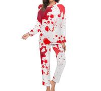 peiyeety Pigiama da Donna a Maniche Lunghe con Stampa di Schizzi di Sangue di Halloween, Set da Pigiama Morbido da Salotto con Tasche