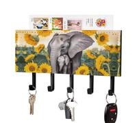 peiyeety Portachiavi adesivo da parete a forma di elefante e girasoli con 5 ganci, organizer per chiavi e asciugamani in pelle PU per ingresso, corridoio, soggiorno e ufficio.