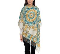 peiyeety Sciarpa con nappa floreale mandala dorata, stile retrò boho, scialli e stole da donna, sciarpe calde blu per primavera, autunno e inverno