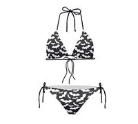 peiyeety Set Bikini a Due Pezzi da Donna con Stampa Pipistrello di Halloween, Vita Alta e Allacciatura al Collo, Bikini a Triangolo, Taglia S