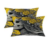 peiyeety Set di 2 federe per cuscini con motivo Giorno dei Morti, federe con motivo floreale giallo a forma di teschio di zucchero, decorazioni quadrate per divani di casa, 50,8 x 30,5 cm.