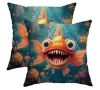 peiyeety Set di 2 federe per cuscini con pesci rossi divertenti, 18x18 cm, morbide federe con scena subacquea dei cartoni animati, con cerniera, decorazioni marine per divano, soggiorno, veranda