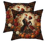 peiyeety Set di 2 federe per cuscini decorativi con motivo a teschio di zucchero floreale nero per Halloween, decorazione per divano letto, 30,5 x 30,5 cm