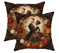 peiyeety Set di 2 federe per cuscini decorativi con motivo Giorno dei Morti, motivo floreale nero con teschio di zucchero, per Halloween, decorazione per divano letto, 24x24 pollici