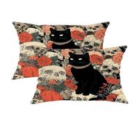 peiyeety Set di 2 federe per cuscini decorativi di Halloween, con motivo floreale a forma di gatto e teschio, decorazione spettrale per la casa, per divano, 50,8 x 30,5 cm.