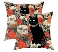 peiyeety Set di 2 federe per cuscini decorativi di Halloween, con motivo floreale a forma di gatto e teschio, decorazione spettrale per la casa, per divano, 26x26 pollici