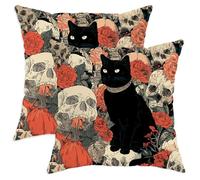 peiyeety Set di 2 federe per cuscini decorativi di Halloween, con motivo floreale a forma di gatto e teschio, decorazione spettrale per la casa, per divano, 18x18 pollici