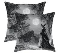 peiyeety Set di 2 federe per cuscini decorativi di Halloween, con strega nera e luna, quadrate, per arredamento spettrale della casa, divano letto, 24x24 pollici