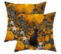 peiyeety Set di 2 federe per cuscini di Halloween, con motivo floreale a forma di gatto e teschio, decorazione autunnale quadrata per divano letto, 30,5 x 30,5 cm.