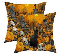 peiyeety Set di 2 federe per cuscini di Halloween, con motivo floreale a forma di gatto e teschio, decorazione autunnale quadrata per la casa, per divano letto, 26x26 pollici