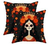 peiyeety Set di 2 federe per cuscini di Halloween, federe per cuscini con teschio di zucchero floreale nero, federe decorative quadrate per divano letto di casa 16x16 pollici