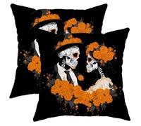 peiyeety Set di 2 federe per cuscini di Halloween, federe per cuscini floreali con teschio nero e arancione, decorazioni quadrate in stile fattoria per divano letto, 26x26 pollici