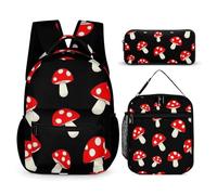 peiyeety Set di zaini con simpatici cartoni animati e funghi rossi, zaino con porta pranzo e borsa per cosmetici, zaino da viaggio per laptop, set casual da giorno