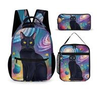 peiyeety Set di zaini con zaino e porta pranzo, borse per il trucco, borse a tracolla con borsa per il pranzo, borsa per cosmetici, set di zaini Space Black Cat