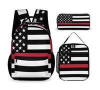 peiyeety Set di zaini con zaino e porta pranzo, borse per il trucco, borse a tracolla con borsa per il pranzo, borsa per cosmetici, set di zaini con bandiera americana e linea rossa sottile