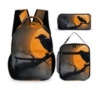 peiyeety Set di zaini da viaggio Bookbag Daypack Full Moon Black Crow Raven Bird (3) Set di zaini per laptop Bookbag con borsa per il pranzo e borsa portaoggetti Zaino da viaggio