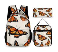 peiyeety Set di zaini da viaggio con borsa per il pranzo e borsa portaoggetti Zaino a forma di farfalla monarca arancione tropicale, borse per libri con porta pranzo e beauty case