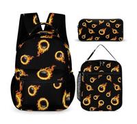 peiyeety Set di zaini da viaggio con borsa per il pranzo e borsa portaoggetti Zaino da calcio Fire Flame Football Borse per libri con scatola per il pranzo Borse per cosmetici